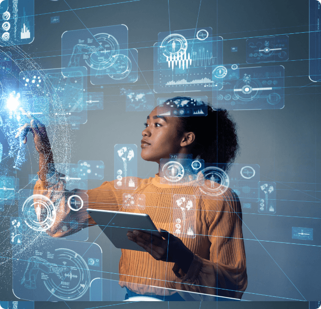 Woman holding a tablet while working with holographic data displays